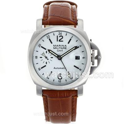 Panerai Marina Militare GMT Automatic with White Dial-Leather Strap