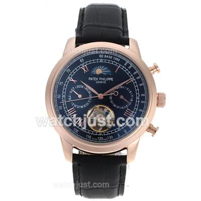 Patek Philippe Astronomical Celestial Tourbillon Automatic Rose Gold Case Roman Markers with Black Dial-Leather Strap