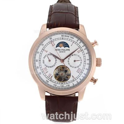 Patek Philippe Astronomical Celestial Tourbillon Automatic Rose Gold Case Roman Markers with White Dial-Leather Strap