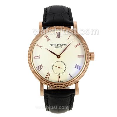 Patek Philippe Calatrava Automatic Roman Markers Rose Gold Case with White Dial-Leather Strap
