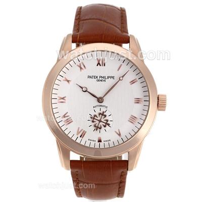 Patek Philippe Calatrava Automatic Rose Gold Case Roman Markers with White Dial-Leather Strap