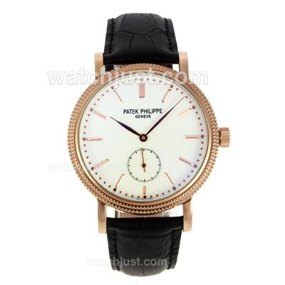 Patek Philippe Calatrava Automatic Stick Markers Rose Gold Case with White Dial-Leather Strap