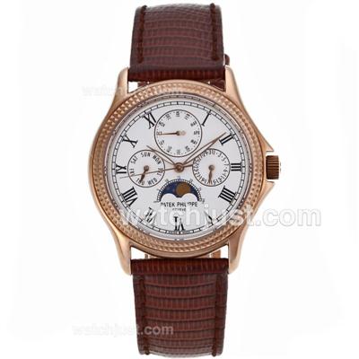 Patek Philippe Calatrava Coffee Gold Case Roman Markers with White Dial-Leather Strap