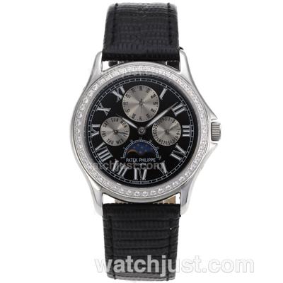 Patek Philippe Calatrava Diamond Bezel Roman Markers with Black Dial-Leather Strap