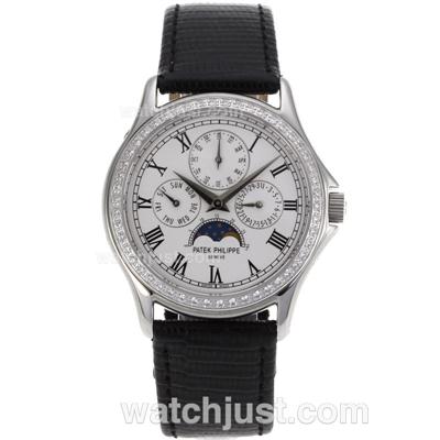 Patek Philippe Calatrava Diamond Bezel Roman Markers with White Dial-Leather Strap