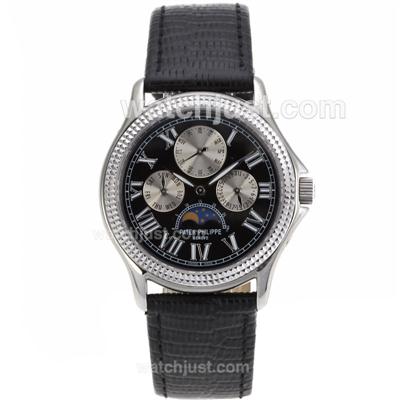 Patek Philippe Calatrava Roman Markers with Black Dial-Leather Strap