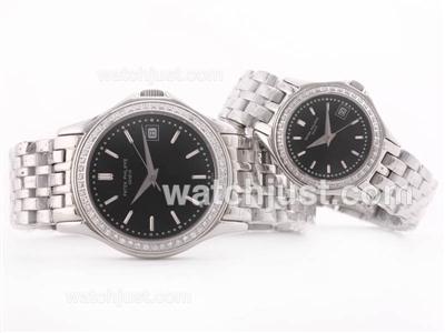 Patek Philippe Calatrava S/S Black Dial Stick Marking with Diamond Bezel-Couple Watch