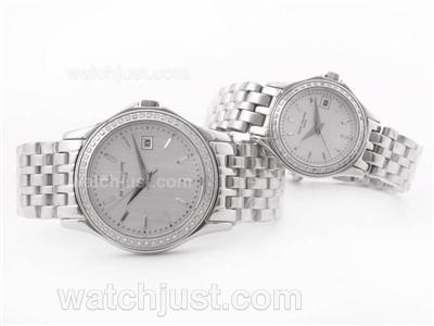 Patek Philippe Calatrava S/S Gray Dial Stick Marking with Diamond Bezel-Couple Watch