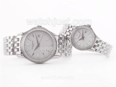 Patek Philippe Calatrava S/S White Dial Stick Marking with Diamond Bezel-Couple Watch