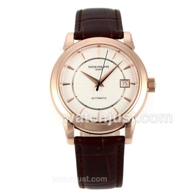 Patek Philippe Calatrava Swiss ETA 2824 Movement Rose Gold Case with White Dial-Leather Strap