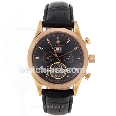 Patek Philippe Calatrava Tourbillon Automatic Rose Gold Case with Black Dial-Leather Strap