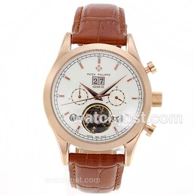 Patek Philippe Calatrava Tourbillon Automatic Rose Gold Case with White Dial-Leather Strap