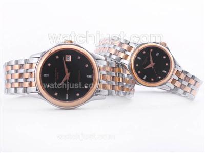 Patek Philippe Calatrava Two Tone Black Dial with Diamond Marking -Couple Watch