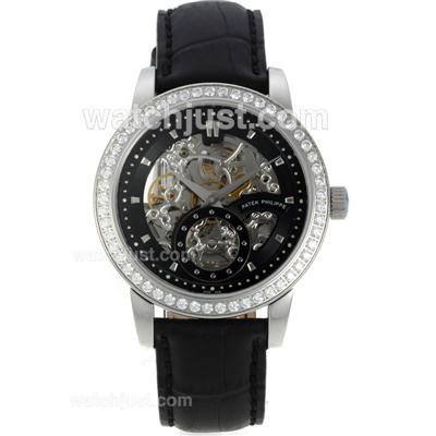 Patek Philippe Automatic Diamond Bezel with Skeleton/Black Dial-Black Leather Strap