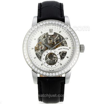 Patek Philippe Automatic Diamond Bezel with Skeleton/White Dial-Black Leather Strap