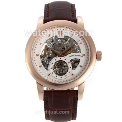 Patek Philippe Automatic Rose Gold Case and Markers with Skeleton/White Dial-Brown Leather Strap