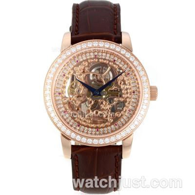 Patek Philippe Automatic Rose Gold Case Diamond Bezel with Skeleton Dial-Brown Leather Strap