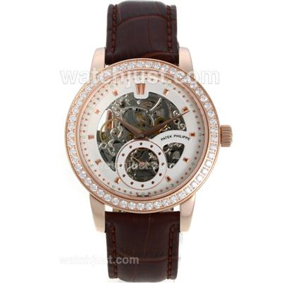 Patek Philippe Automatic Rose Gold Case Diamond Bezel with Skeleton/White Dial-Brown Leather Strap