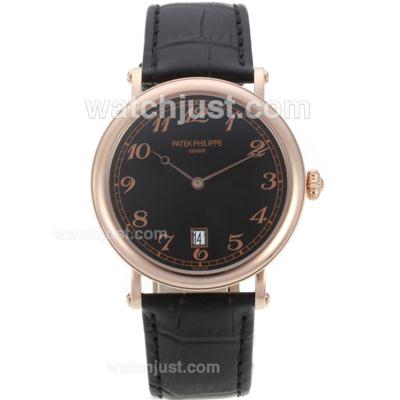 Patek Philippe Automatic Rose Gold Case with Black Dial-Leather Strap
