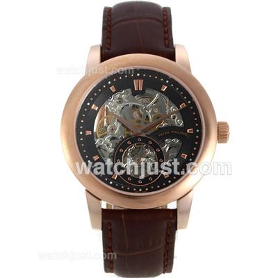 Patek Philippe Automatic Rose Gold Case with Skeleton/Black Dial-Brown Leather Strap