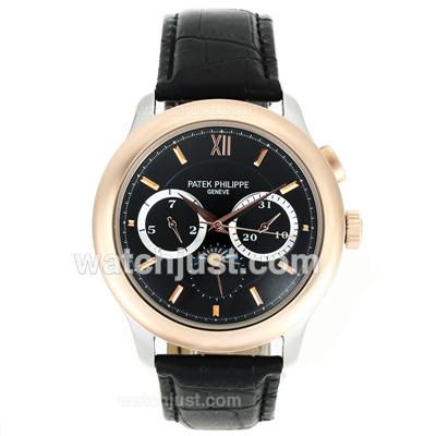 Patek Philippe Automatic Two Tone Case with Black Dial-Leather Strap
