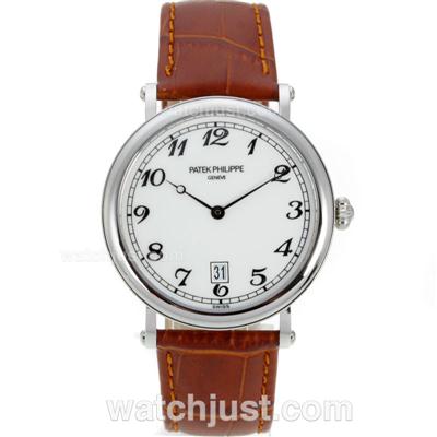 Patek Philippe Automatic with White Dial-Brown Leather Strap
