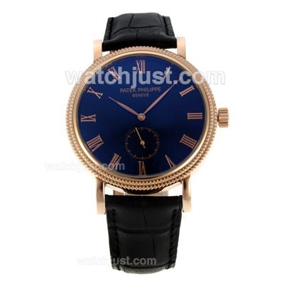 Patek Philippe Calatrava Automatic Roman Markers Rose Gold Case with Black Dial-Leather Strap