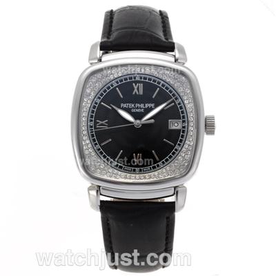 Patek Philippe Classic Automatic Diamond Bezel with Black Dial-Leather Strap