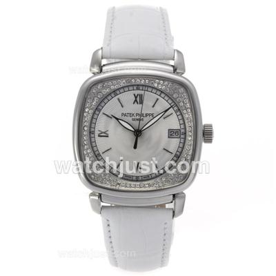 Patek Philippe Classic Automatic Diamond Bezel with White Dial-Leather Strap