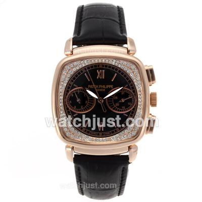 Patek Philippe Classic Automatic Rose Gold Case Diamond Bezel with Black Dial-18K Plated Gold Movement