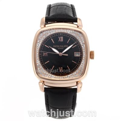 Patek Philippe Classic Automatic Rose Gold Case Diamond Bezel with Black Dial-Leather Strap
