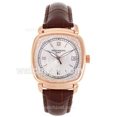 Patek Philippe Classic Automatic Rose Gold Case Diamond Bezel with White Dial-Leather Strap
