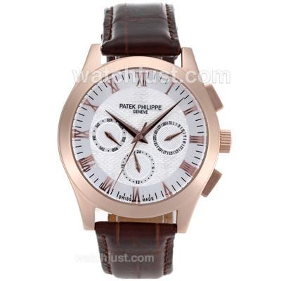 Patek Philippe Classic Automatic Rose Gold Case Roman Markers with White Dial-Leather Strap