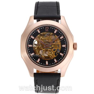 Patek Philippe Classic Automatic Rose Gold Case with Skeleton Dial-Leather Strap