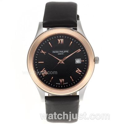 Patek Philippe Classic Automatic Two Tone Case with Black Dial-Leather Strap