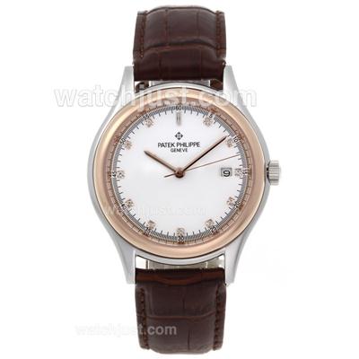 Patek Philippe Classic Automatic Two Tone Case with White Dial-Leather Strap