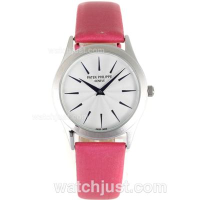 Patek Philippe Classic Blue Stick Markers with White Dial-Pink Leather Strap