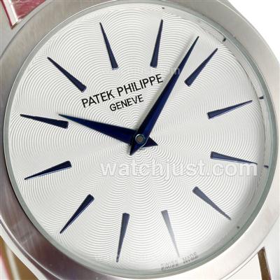 Patek Philippe Classic Blue Stick Markers with White Dial-Pink Leather Strap