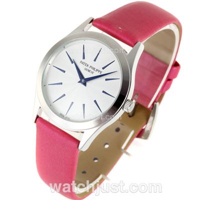Patek Philippe Classic Blue Stick Markers with White Dial-Pink Leather Strap