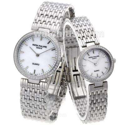 Patek Philippe Classic Diamond Bezel Stick Markers with MOP Dial S/S-Couple Watch