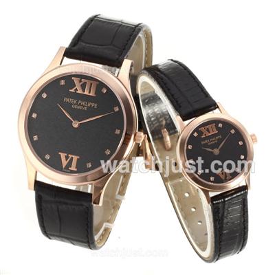 Patek Philippe Classic Diamond Markers Rose Gold Case with Black Dial-Sapphire Glass