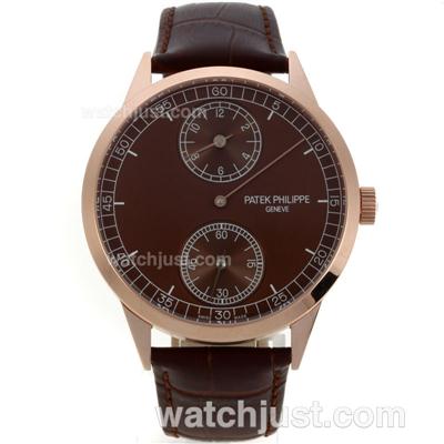 Patek Philippe Classic Manual Winding Rose Gold Case with Brown Dial-Brown Leather Strap