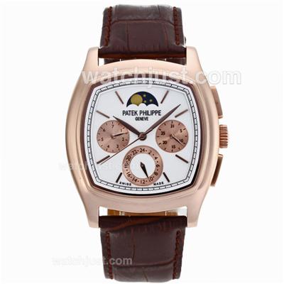 Patek Philippe Classic Moonphase Automatic Rose Gold Case with White Dial-Leather Strap