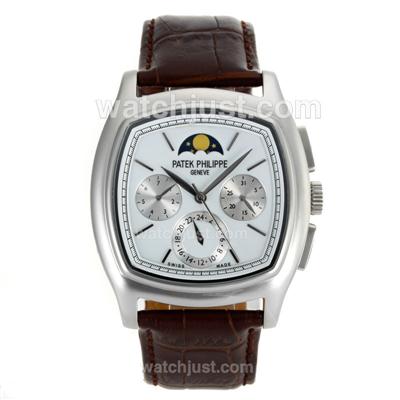 Patek Philippe Classic Moonphase Automatic Stick Markers with White Dial-Leather Strap