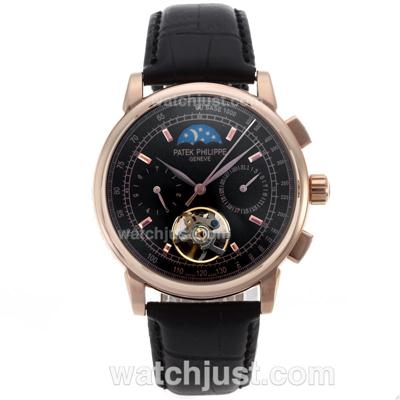 Patek Philippe Classic Moonphase Tourbillon Automatic Rose Gold Case with Black Dial-Leather Strap