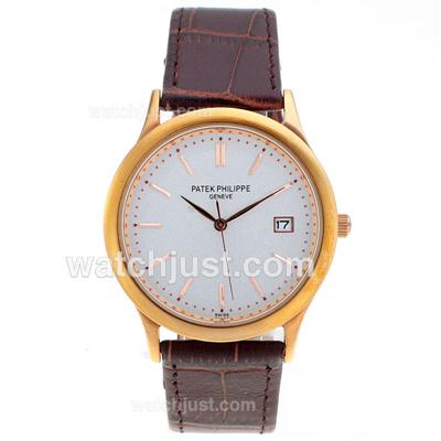 Patek Philippe Classic Rose Case Rose Stick Markers with White Dial-Leather Strap