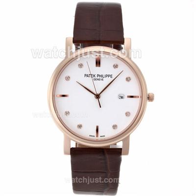 Patek Philippe Classic Rose Gold Case Diamond Markers with White Dial-Leather Strap