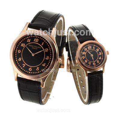 Patek Philippe Classic Rose Gold Case Number Markers with Black Dial-Sapphire Glass