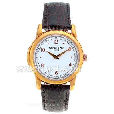 Patek Philippe Classic Rose Gold Case Number Markers with White Dial-Leather Strap