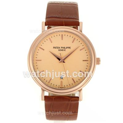 Patek Philippe Classic Rose Gold Case Stick Markers with Champagne Dial-Leather Strap